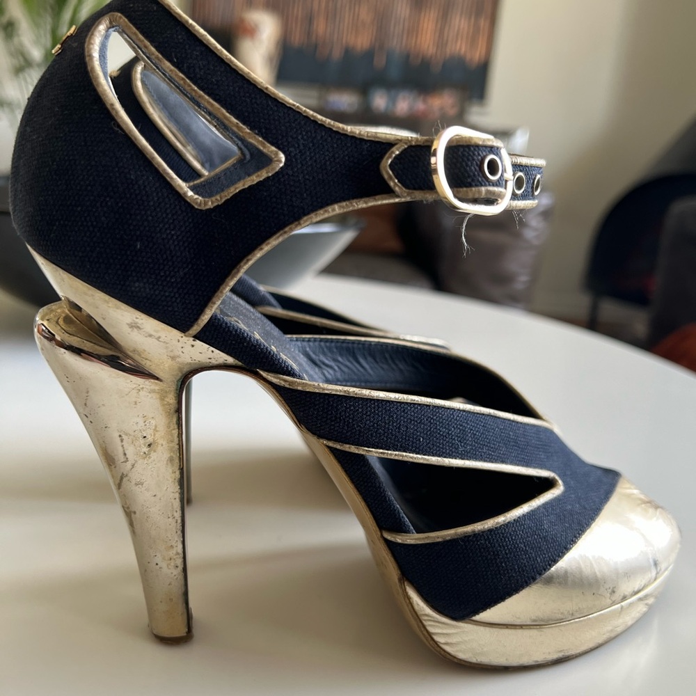 Chanel Denim and Gold metal heels Sz 40